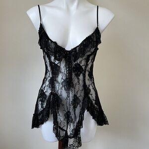 Vintage Black Lingerie Lace 1980s Babydoll Top Sexy Sheer Goth size small